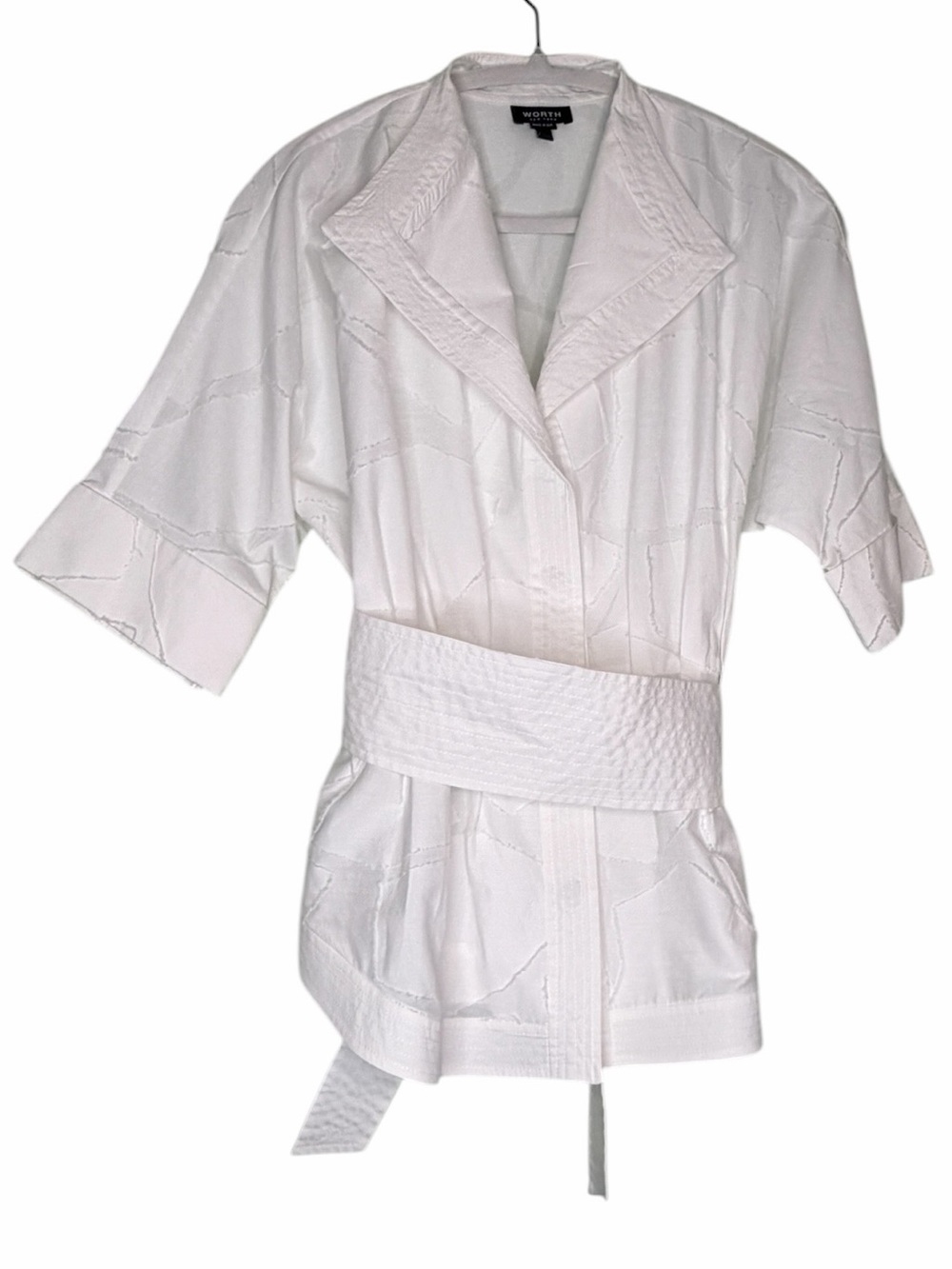 Worth New York White Textured Wrap Top/Jacket with Wide Tie Waist Sash